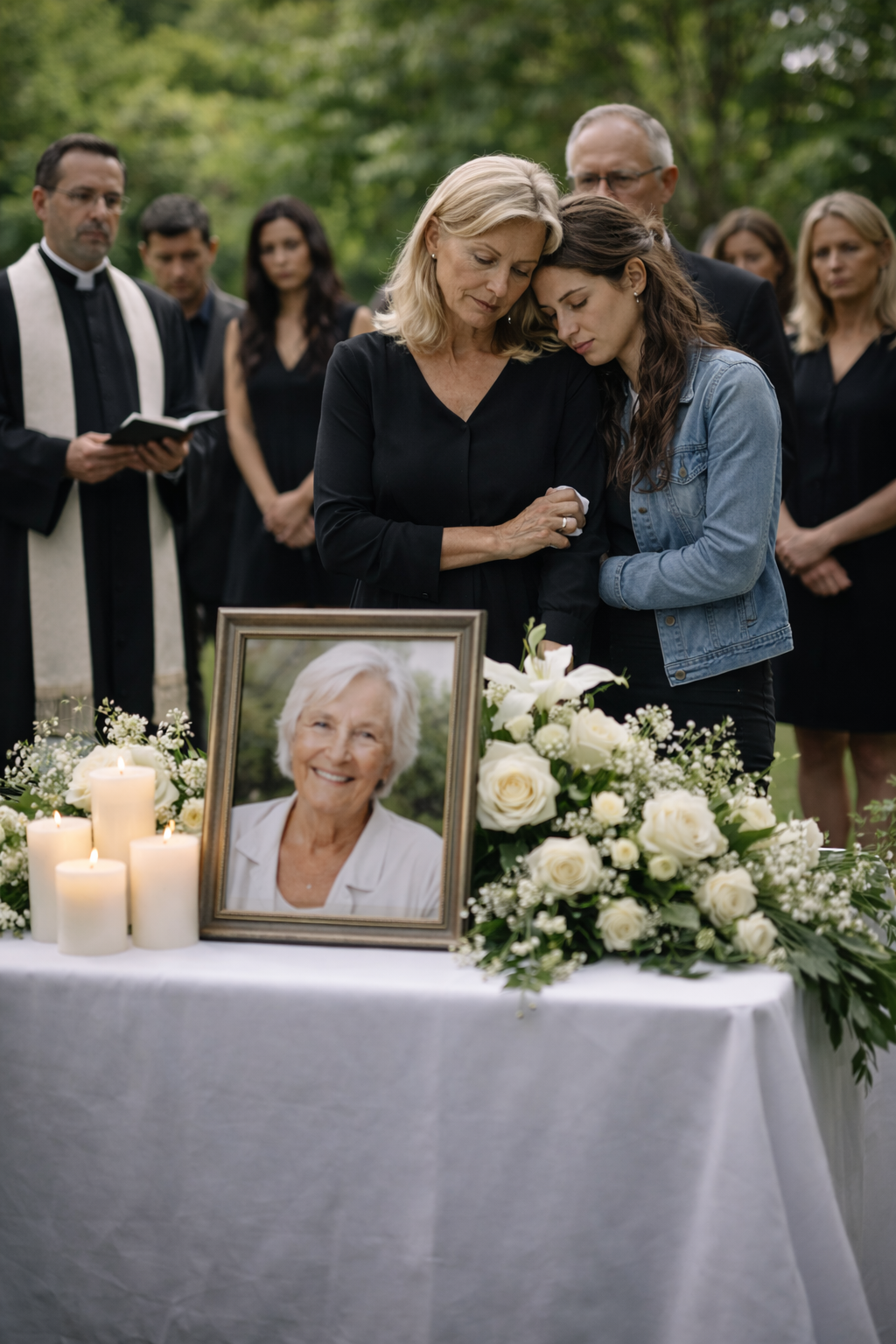 Outdoor memorial service with two women embracing beside a table displaying a framed photo of an elderly woman, white candles, and white rose arrangements, with a clergy member and mourners in the background
