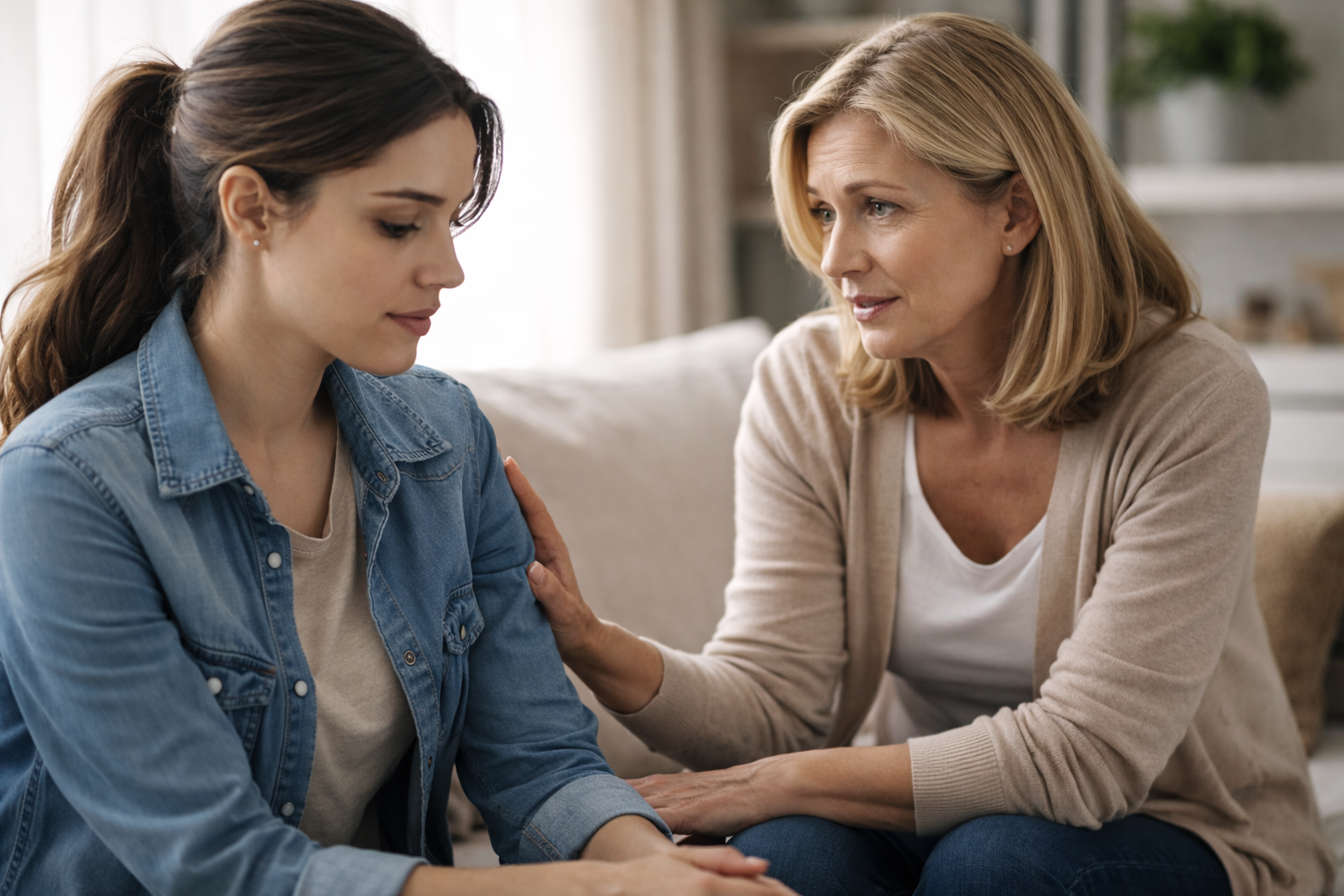 Adult daughter holding her mother's hands while having a serious conversation on a couch